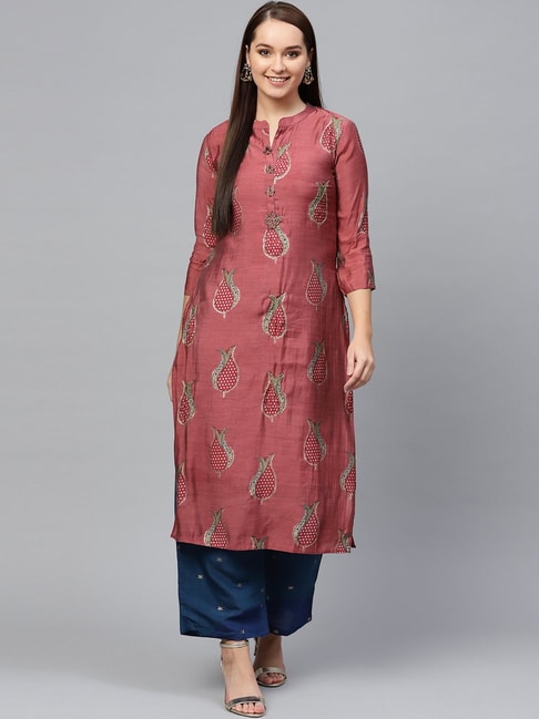 Ishin Pink & Blue Embellished Kurta Pant Set Price in India