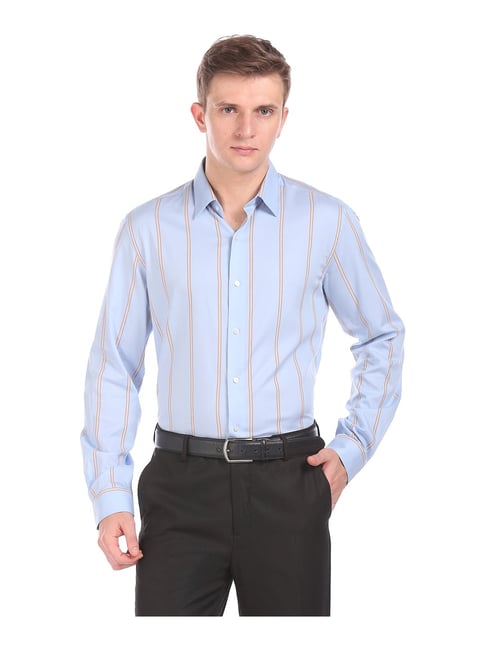 Arrow New York Light Blue Slim Fit Striped Shirt