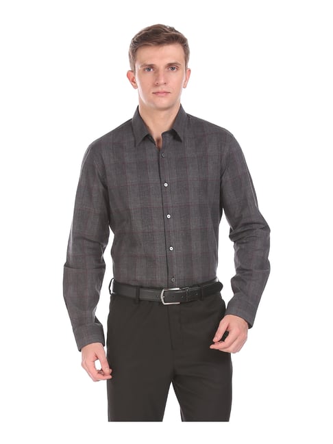 Arrow New York Dark Grey Slim Fit Check Shirt