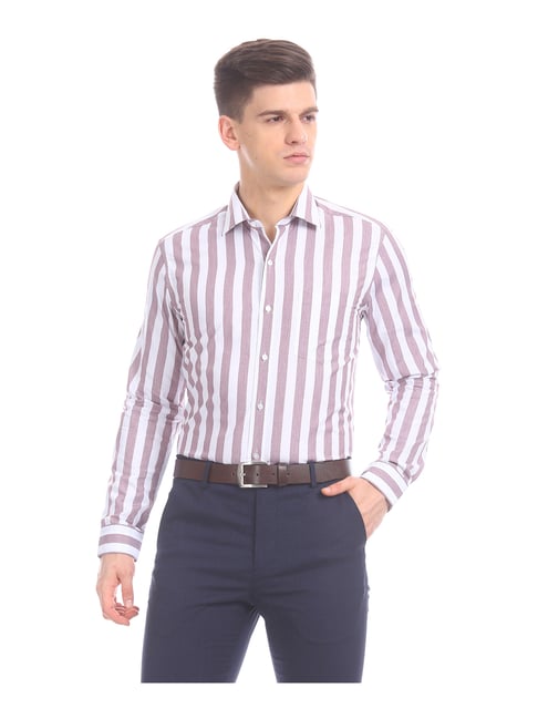 Arrow New York Brown and White Slim Fit Cotton Shirt