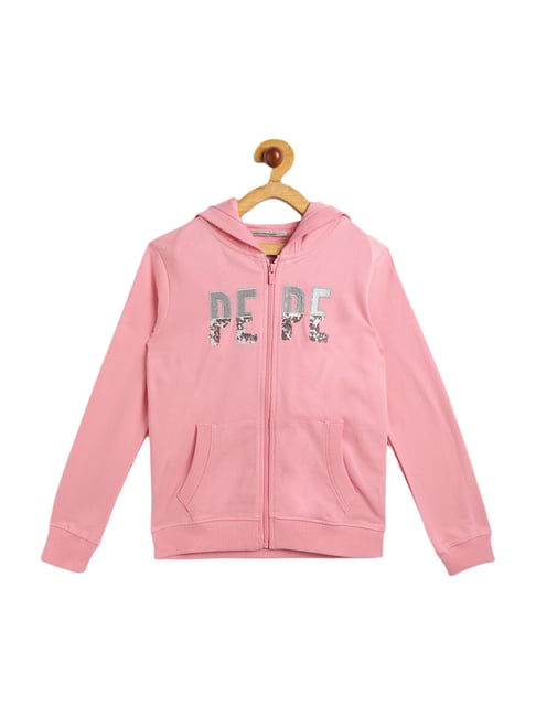 Pepe Jeans Kids Pink Cotton Embellished Hoodie