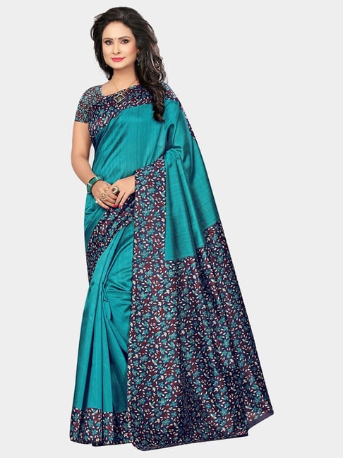 KSUT Teal Printed Saree With Blouse Price in India