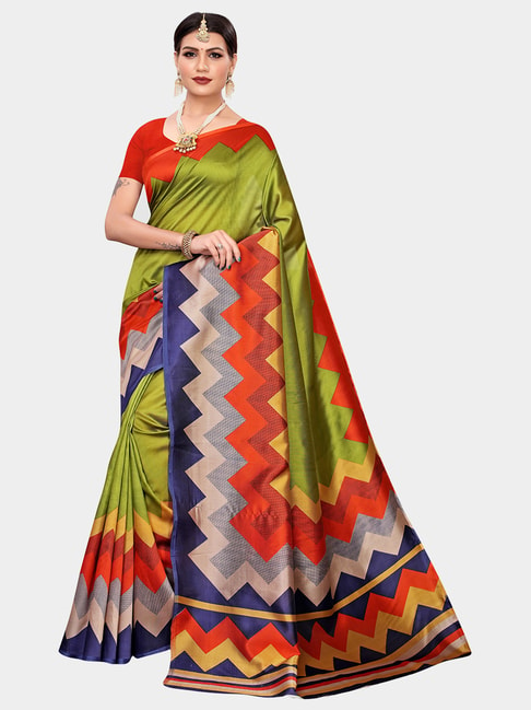 KSUT Green Printed Saree With Blouse Price in India