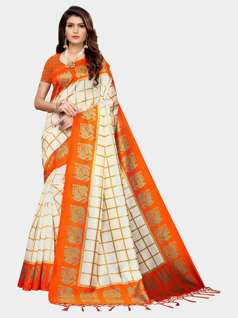 KSUT Beige & Orange Check Saree With Blouse Price in India