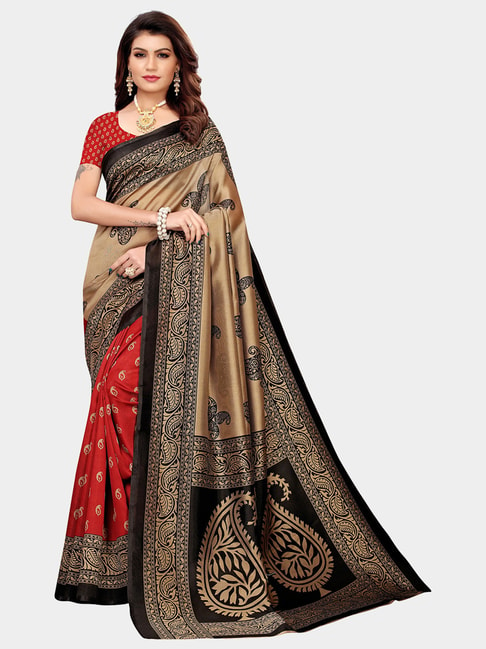 KSUT Red & Brown Printed Saree With Blouse Price in India
