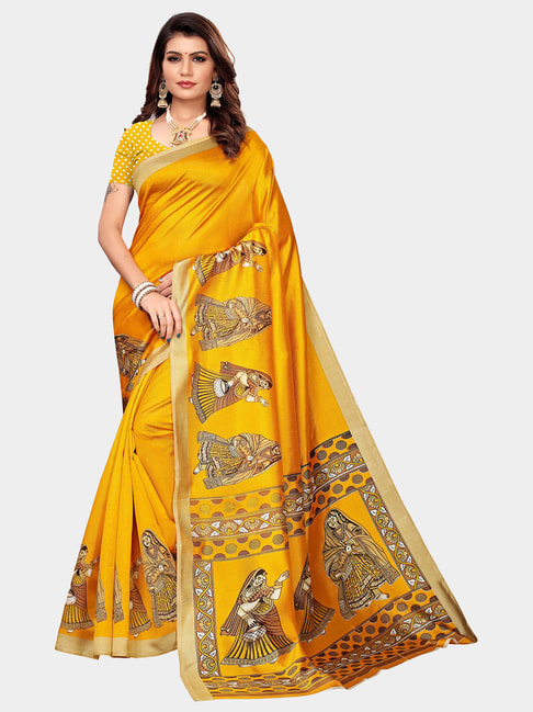 KSUT Yellow Printed Saree With Blouse Price in India
