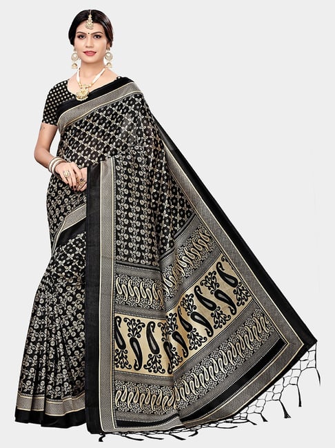 KSUT Black Printed Saree With Blouse Price in India