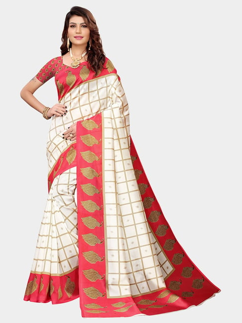 KSUT Red & Beige Check Saree With Blouse Price in India