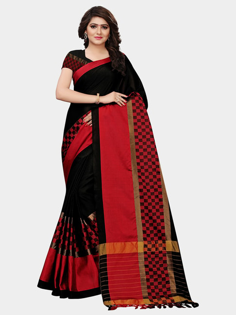 KSUT Black & Red Check Saree With Blouse Price in India