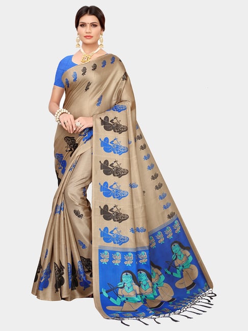 KSUT Blue & Khaki Printed Saree With Blouse Price in India