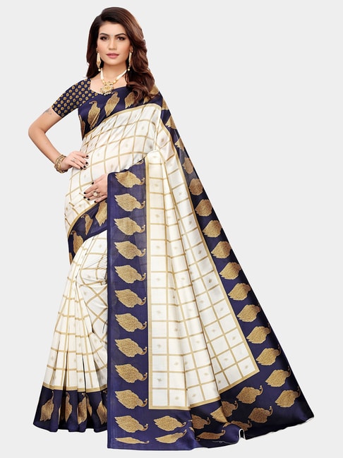 KSUT Beige & Purple Check Saree With Blouse Price in India