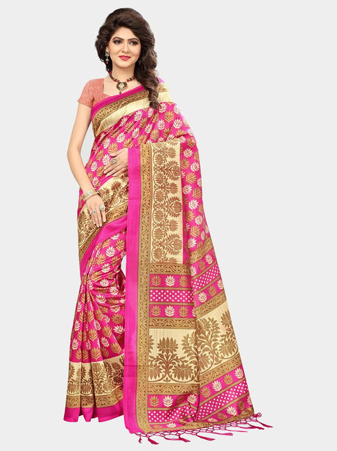 KSUT Pink Printed Saree With Blouse Price in India