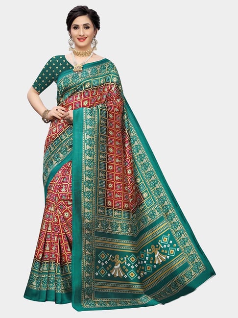 KSUT Green & Red Printed Saree With Blouse Price in India
