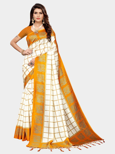 KSUT Yellow & Beige Check Saree With Blouse Price in India