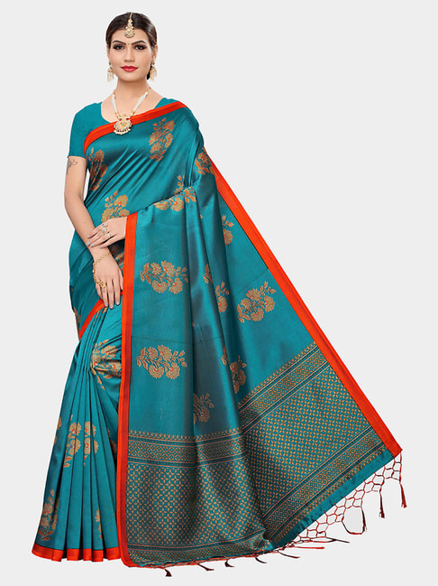 KSUT Orange & Blue Printed Saree With Blouse Price in India