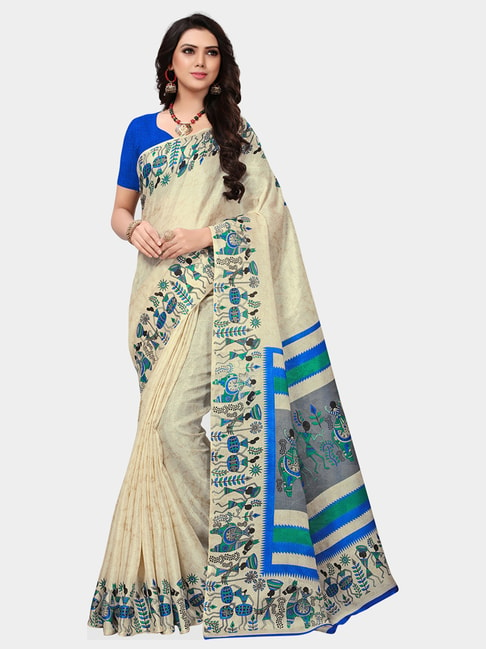 KSUT Beige & Blue Printed Saree With Blouse Price in India