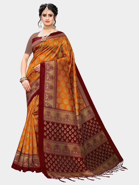 KSUT Yellow & Red Printed Saree With Blouse Price in India