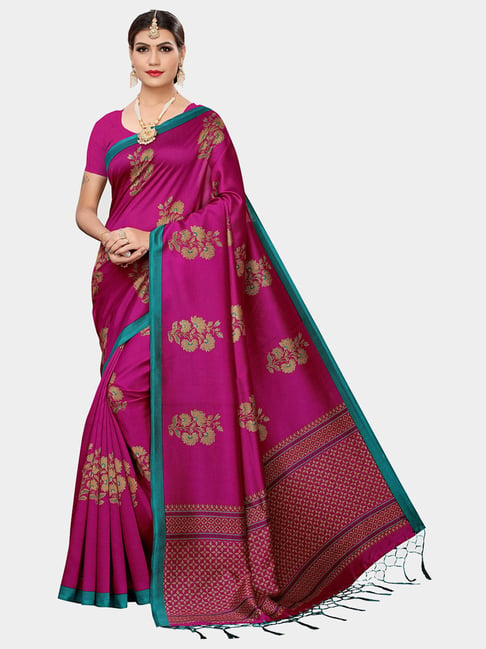 KSUT Dark Pink Printed Saree With Blouse Price in India