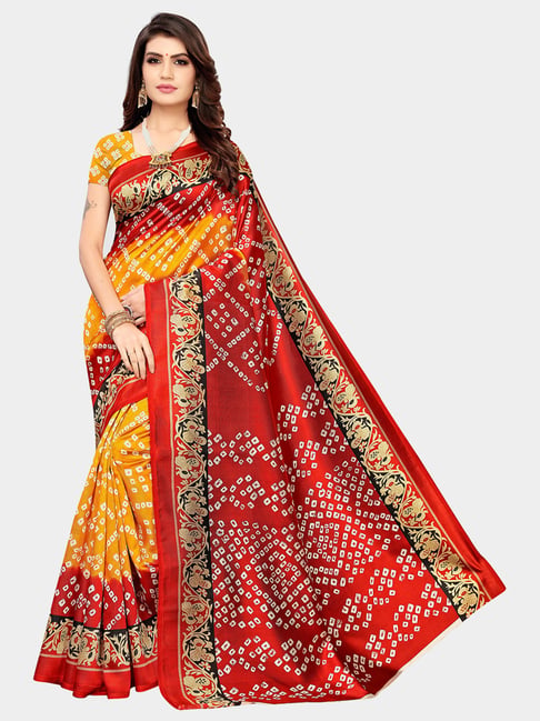 KSUT Yellow & Red Printed Saree With Blouse Price in India