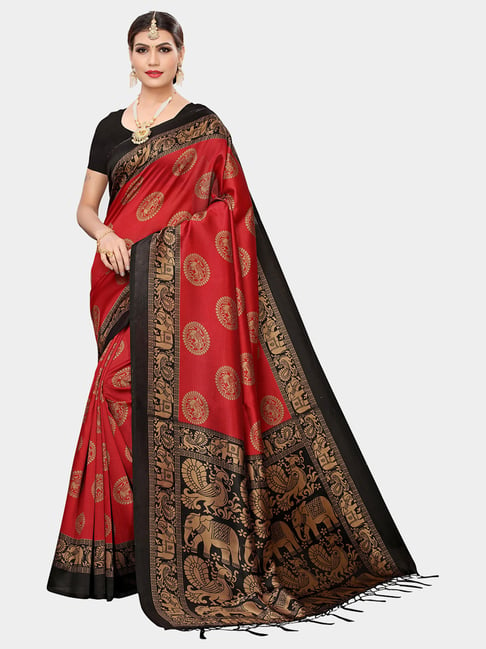 KSUT Red Printed Saree With Blouse Price in India