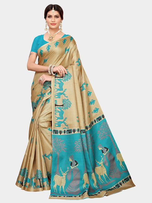 KSUT Blue & Beige Printed Saree With Blouse Price in India