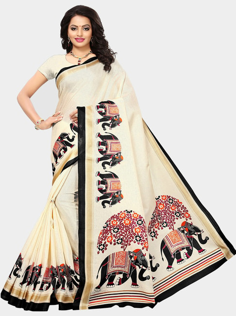 KSUT Black & Beige Printed Saree With Blouse Price in India