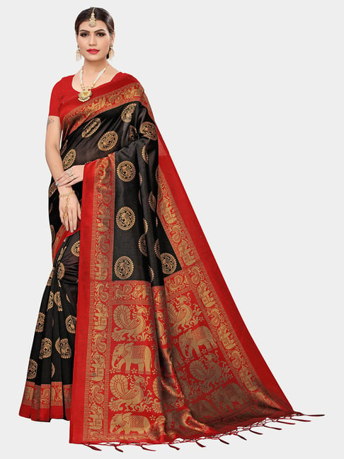 KSUT Black & Marron Printed Saree With Blouse Price in India