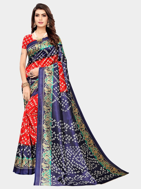 KSUT Red & Blue Printed Saree With Blouse Price in India