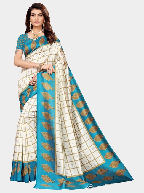 KSUT Blue & Beige Check Saree With Blouse Price in India