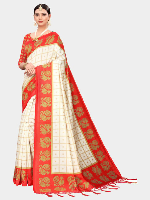 KSUT Red & beige Check Saree With Blouse Price in India