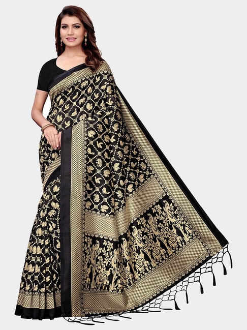 KSUT Black Printed Saree With Blouse Price in India