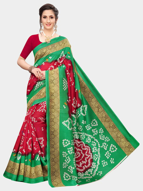 KSUT Red & Green Printed Saree With Blouse Price in India