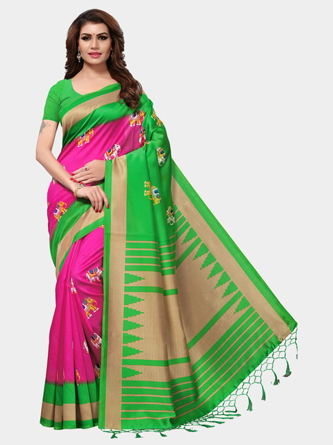 KSUT Green & Pink Printed Saree With Blouse Price in India