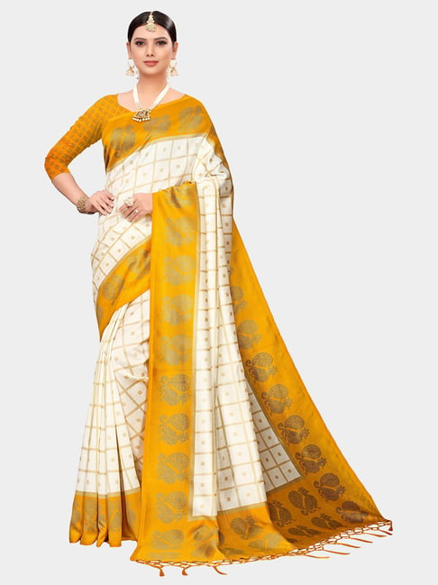KSUT Yellow & Beige Check Saree With Blouse Price in India