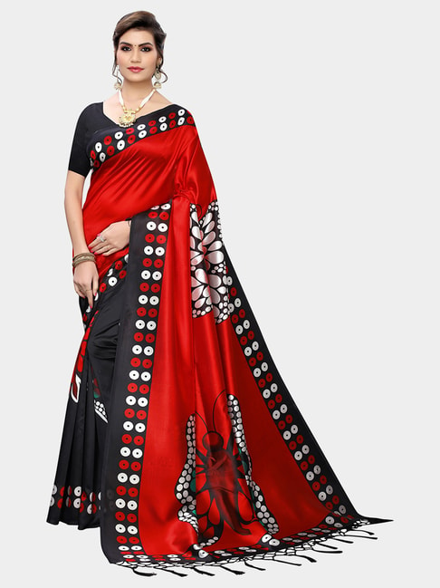 KSUT Black & Red Printed Saree With Blouse Price in India