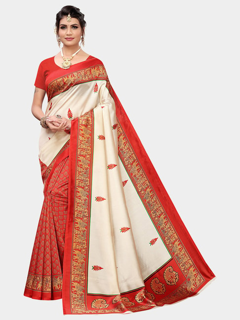 KSUT Red & Beige Printed Saree With Blouse Price in India