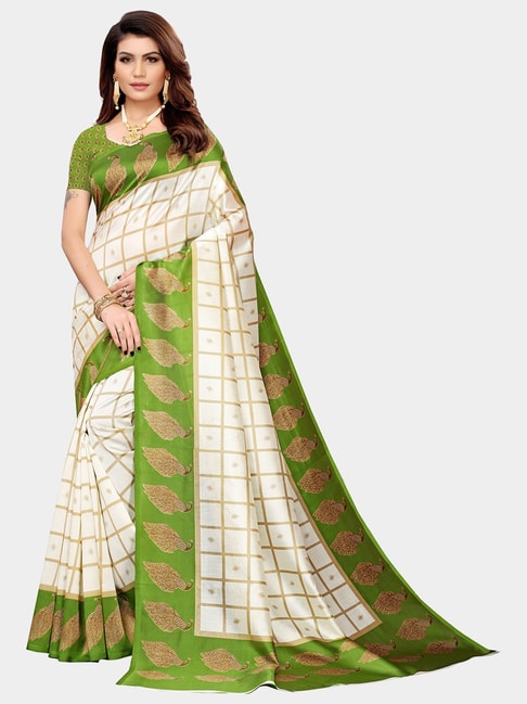 KSUT Green & Beige Check Saree With Blouse Price in India