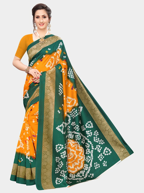 KSUT Yellow & Green Printed Saree With Blouse Price in India
