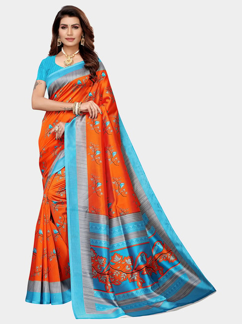 KSUT Orange & Blue Printed Saree With Blouse Price in India