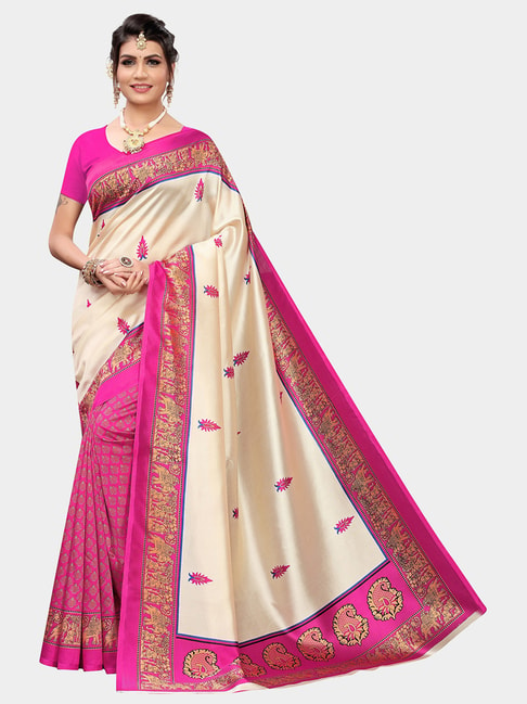 KSUT Pink & Beige Printed Saree With Blouse Price in India