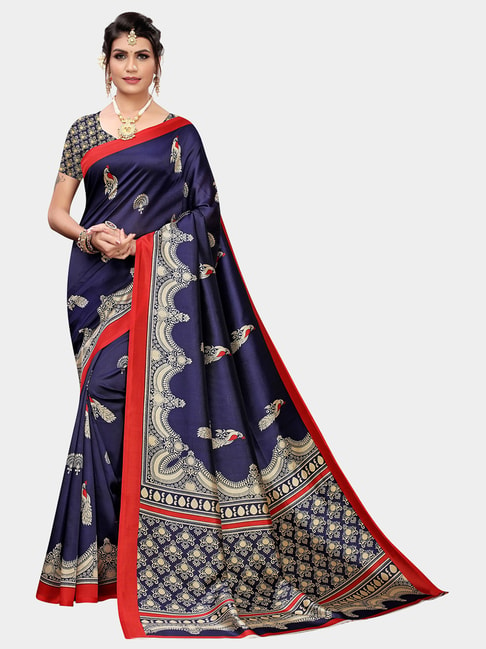 KSUT Blue Printed Saree With Blouse Price in India