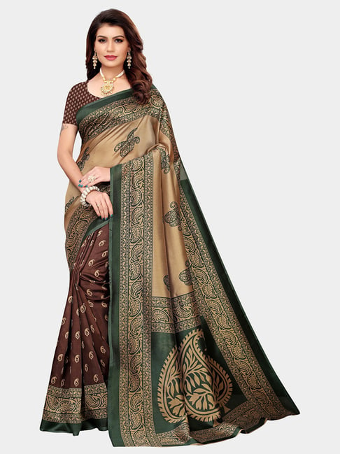 KSUT Brown & Green Printed Saree With Blouse Price in India