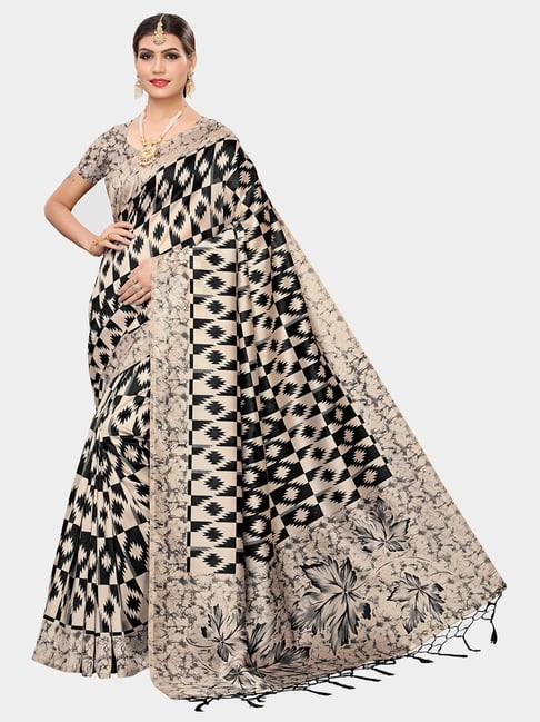 KSUT Black & Beige Printed Saree With Blouse Price in India