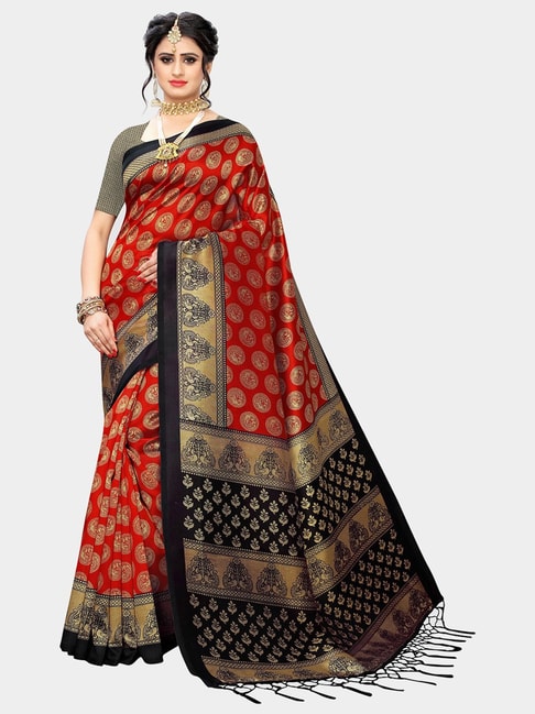 KSUT Maroon & Black Printed Saree With Blouse Price in India