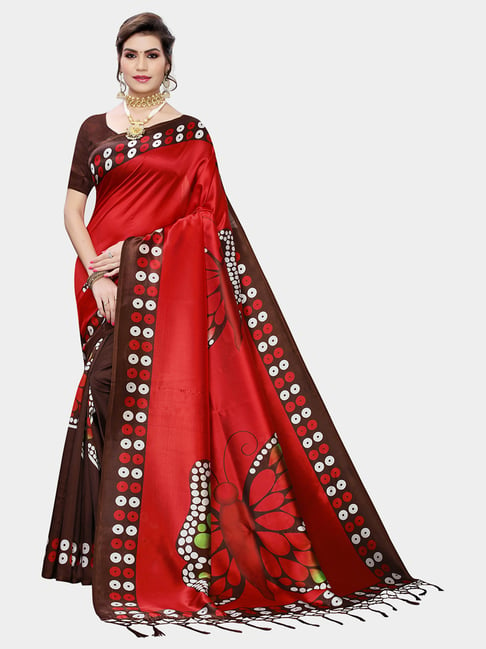 KSUT Brown & Red Printed Saree With Blouse Price in India