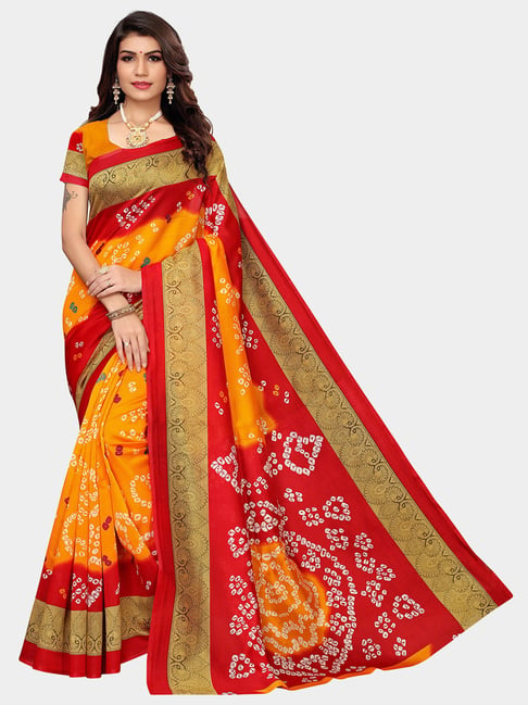 KSUT Yellow & Red Printed Saree With Blouse Price in India
