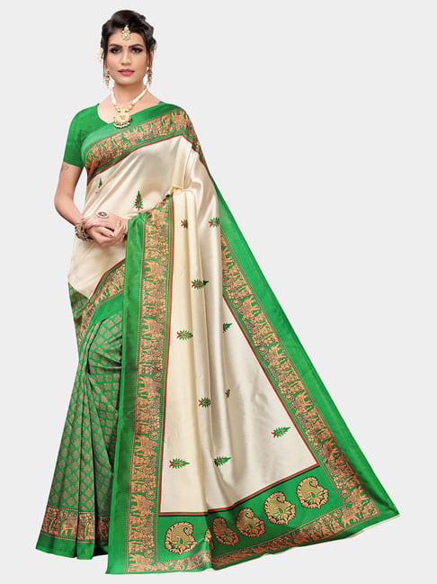 KSUT Green & Beige Printed Saree With Blouse Price in India