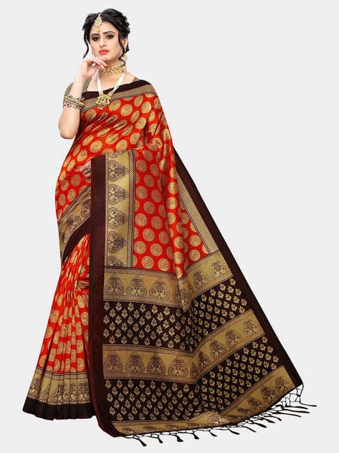 KSUT Red & Black Printed Saree With Blouse Price in India
