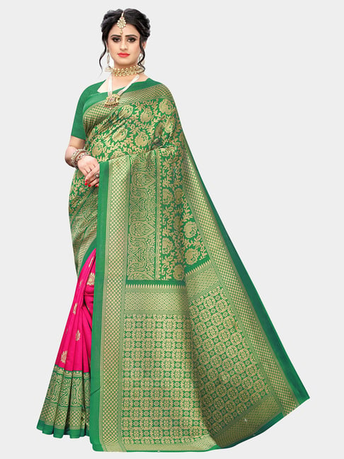 KSUT Green & Pink Printed Saree With Blouse Price in India