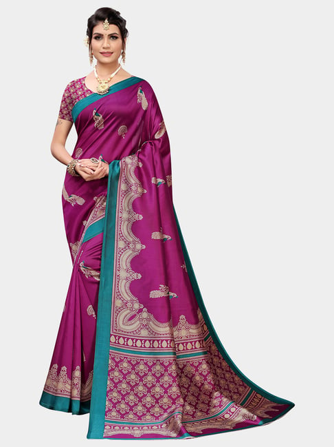 KSUT Purple Printed Saree With Blouse Price in India